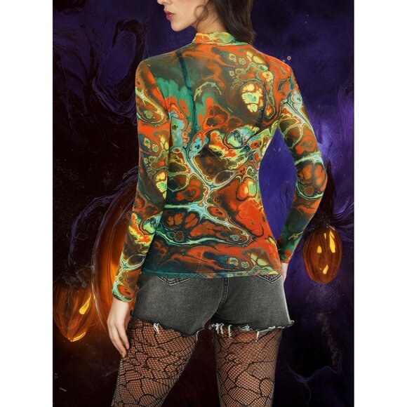 Women Orange Long Sleeve Mock Neck Fitted Sexy See Through Mesh Going Out Tops - Picture 5 of 7
